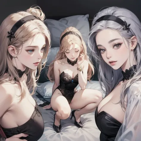 Full body, fetal position, sleeping on bed in the bedroom, high heels, ((Stunning Artwork)), dnd style female slaves