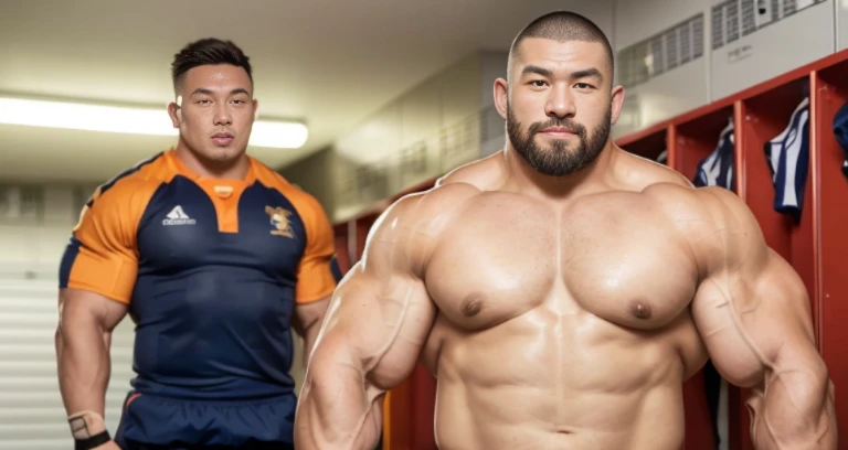 (smirking rugby player:1.4), (at locker room:1.4), (Japanese face:1.4), (Korean face:1.4), (Chinese face:1.4), (Taiwanese face:1.4), manly face, fat face, (round face:1.4), (monolid eyes:1.2), (buzz cut:1.5), very large and strong body, bulky body, beefy m...