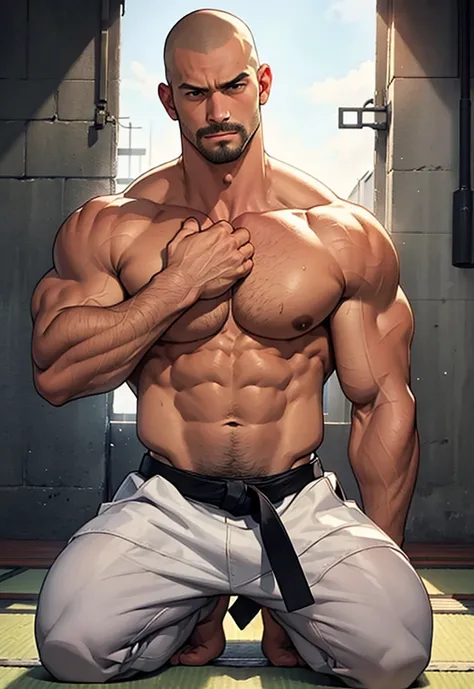 Shirtless and wearing white pants、A full-body shot of a 35-year-old Japanese slim karate-practitioner bodybuilder with a shaved head and moustache, wearing a black belt, kneeling in front of the dojo in a dimly lit area with his hands on his hips and a ste...