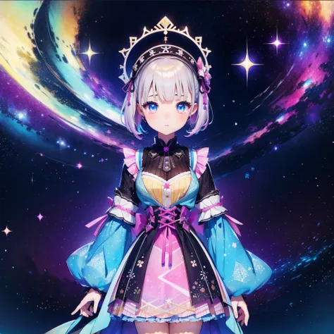 1girl、vtuber-fullbody、Star Fairy、「A beautifully printed galaxy patterned kimono and gothic lolita outfit.、Space pattern box pleated mini skirt with ruffles、Front full body portrait、enchanting eyes、Perfect and stunning face、exquisite details、clear image、hig...