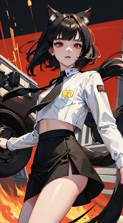 girl, dressed in white long sleeves, with a black vest and knee-length black skirt, slightly narrow, red eyes, detailed eyes, long black socks, school shoes, has cat ears, has short black hair like a boy, but has a lot of hair, the sides of her hair stick ...