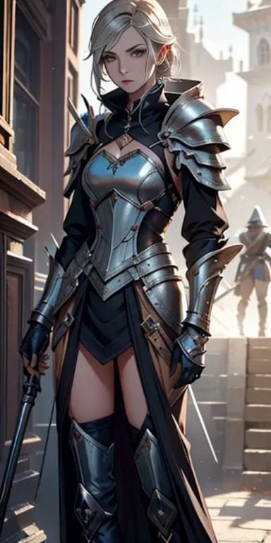 uma mulher de espartilho e capuz segurando uma arma, vestindo armadura de assassino de couro, armadura de fantasia muito estilosa, armadura de couro elegante, roupas de couro de fantasia, magic leather armor, beautiful assassina feminina, assassina feminin...