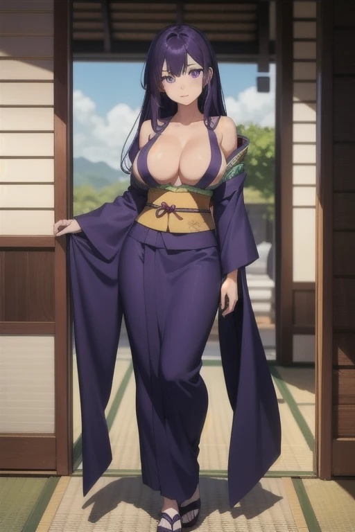 A girl with long straight purple hair and purple eyes with tan skin and full breasts standing straight facing the viewer in a kimono, perfect,