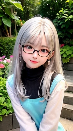 幼いgirl、small face、 (alone:1.5,)Super detailed,明るいcolor, very beautiful detailed anime face and eyes, look straight,  shiny_skin,girl, (((虹colorの髪,, 半分は青colorの髪、Half silver hair: 1.5))), 、shiny hair, delicate beautiful face, blush、Glasses、(turquoise eyes), ...