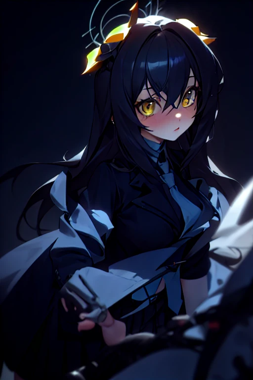 a close up of a cartoon character with a black outfit and yellow eyes, albedo from the anime overlord, albedo from overlord, stylized anime, 4 k octan render, render of a cute 3d anime girl, rendered in sfm, in style of cytus and deemo, style as nendoroid,...