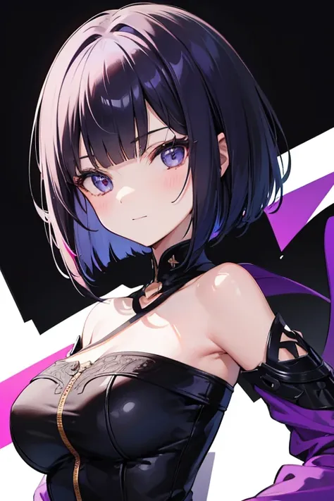 Anime-style portrait of a girl with a dark violet bob cut making eye contact with the camera, bright eyes, baby-faced, subtle smile, minimalistic background to emphasize character, high contrast, clean lines, digital painting, vivid colors