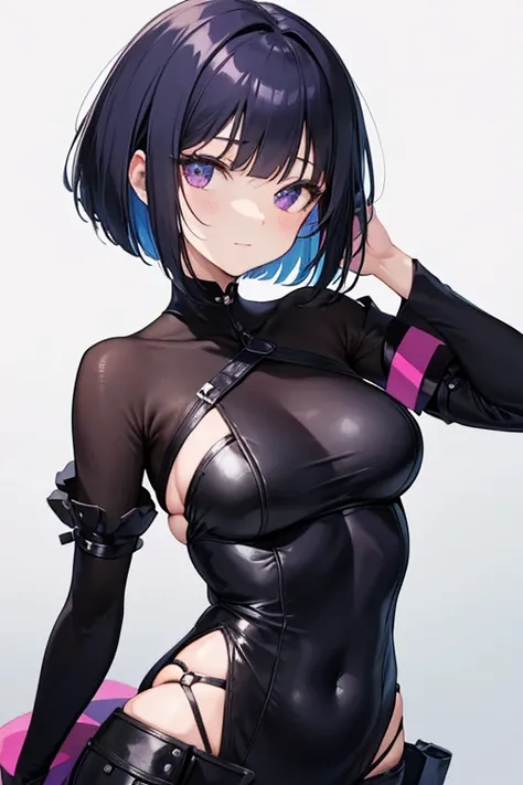 Anime-style portrait of a girl with a dark violet bob cut making eye contact with the camera, bright eyes, baby-faced, subtle smile, minimalistic background to emphasize character, high contrast, clean lines, digital painting, vivid colors