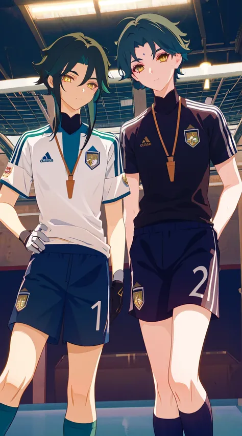 2 boys,dark green hair,highest quality,masterpiece,excessive,male focus,yellow eyes,beautiful eyes,beautiful boy,School,between men,Spouse,soccer club members,Blue soccer uniform,soccer,high school,soccer uniform,blue clothes,soccer court,teammates,same cl...