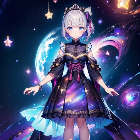 1girl、vtuber-fullbody、star fairy、「a beautifully printed galaxy patterned kimono and gothic lolita outfit.、space pattern box plea...