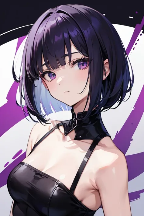 Anime-style portrait of a girl with a dark violet bob cut making eye contact with the camera, bright eyes, baby-faced, subtle smile, minimalistic background to emphasize character, high contrast, clean lines, digital painting, vivid colors, The girl wears ...