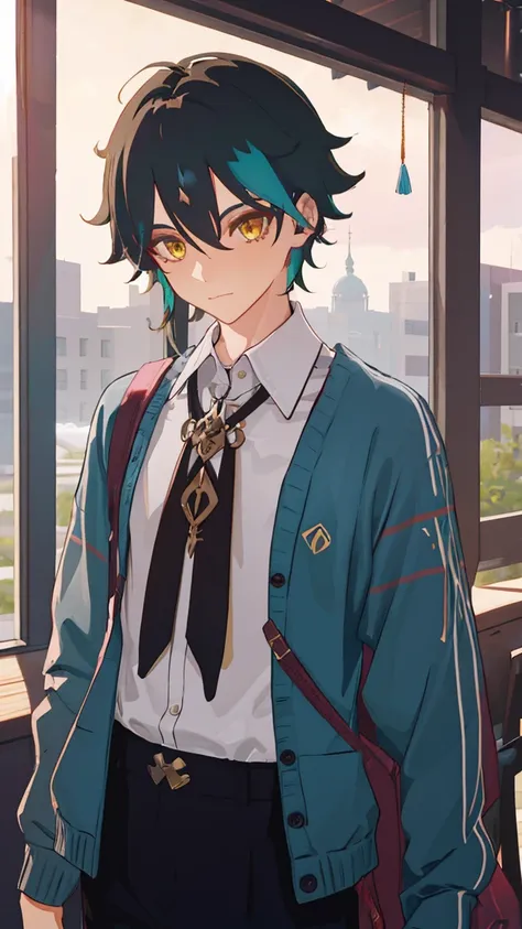 1 boy,dark green hair,highest quality,masterpiece,excessive,male focus,yellow eyes,beautiful eyes,beautiful boy,student,cutter shirt,cardigan,