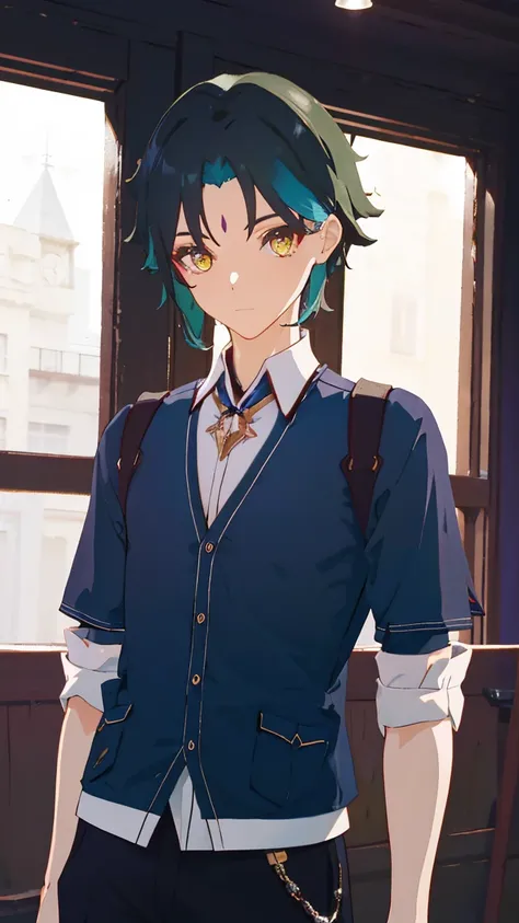 1 boy,dark green hair,highest quality,masterpiece,excessive,male focus,yellow eyes,beautiful eyes,beautiful boy,student,cutter shirt,cardigan,