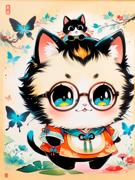 Close-up, Chinese traditional elements, Chinese Ancient Tang Dynasty,cute kitty is playing butterflies, wearing glasses, happy,exaggerated expression,colourful ink wash painting, delicate brushstrokes, rich details, high quality, movie-level lighting, cute...