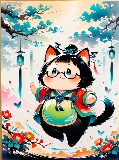 Close-up, Chinese traditional elements, Chinese Ancient Tang Dynasty,cute kitty is playing butterflies, wearing glasses, happy,exaggerated expression,colourful ink wash painting, delicate brushstrokes, rich details, high quality, movie-level lighting, cute...