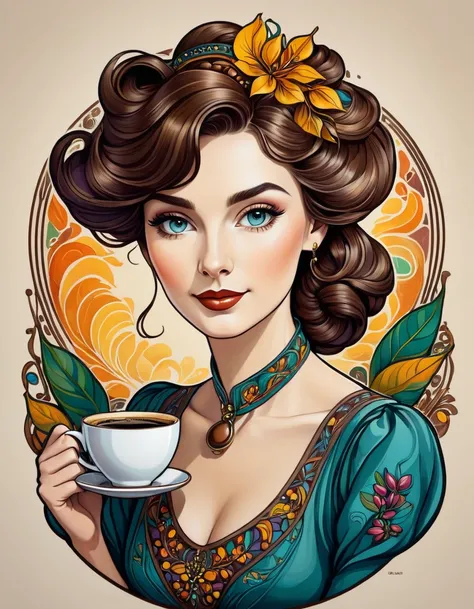 Create an image of Art Nouveau portrait of an elegant beautiful female Barista [Elizabeth II:Maude Adams:0.45] with coffee beans, more colorful, fine lines and subtle stroke