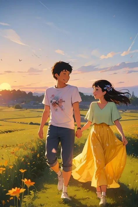 Animated couple walking in a flower field at sunset, sakimichan and makoto shinkai, Fiona Staples and Makoto Shinkai, Ghibli Anime Style, Ghibli and Ilya Kuvshinov, your name movie style, in Makoto Shinkai Style, Makoto Shinkai Style, ross tran and makoto ...