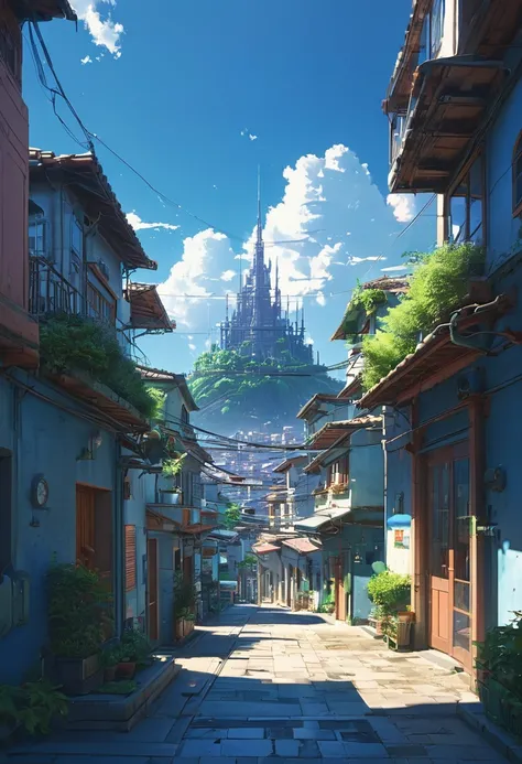 Vista de un pueblo con estructuras que mezclen lo antiguo con lo moderno, de fondo un gran castillo ., anime manga type illustration, contraventana, la vision ultra amplia del paisaje urbano, Science fiction buildings that break the imagination., All build...