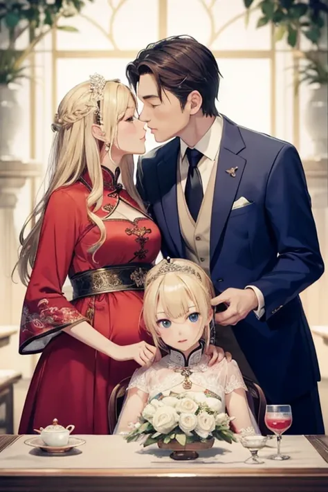 ((highest quality)), ((masterpiece)), (be familiar with), perfect face、blonde、blue eyes、Enchanted body、pregnant woman、marriage、China dress、necklace、ring、bangles、hair ornaments、China人男性、hug each other、China、National uniform、Beautiful woman and older man、asi...