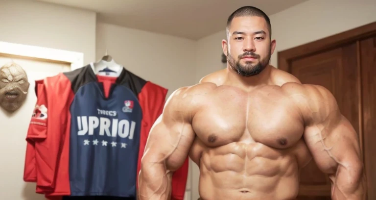 (smirking rugby player:1.4), (at bed room:1.4), (Japanese face:1.4), (Korean face:1.4), (Chinese face:1.4), (Taiwanese face:1.4), manly face, fat face, (round face:1.4), (monolid eyes:1.2), (buzz cut:1.5), very large and strong body, bulky body, beefy musc...