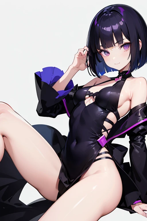 Anime-style portrait of a girl with a dark violet bob cut making eye contact with the camera, bright eyes, baby-faced, subtle smile, witchs outfit, minimalistic background to emphasize character, high contrast, clean lines, digital painting, vivid colors