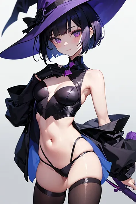 Anime-style portrait of a girl with a dark violet bob cut making eye contact with the camera, bright eyes, baby-faced, subtle smile, witchs outfit, minimalistic background to emphasize character, high contrast, clean lines, digital painting, vivid colors