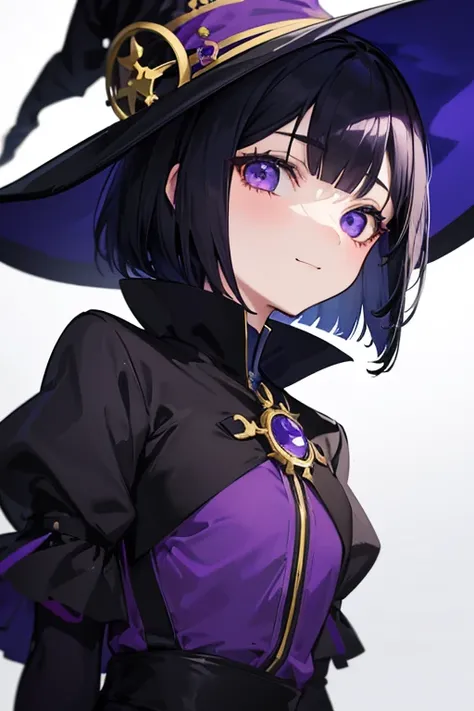 Witchs outfit, Anime-style portrait of a girl with a deep violet bob cut making eye contact with the camera, bright eyes, baby-faced, subtle smile, minimalistic background to emphasize character, high contrast, clean lines, digital painting, vivid colors