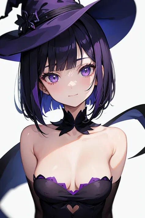 Witchs outfit, Anime-style portrait of a girl with a deep violet bob cut making eye contact with the camera, bright eyes, baby-faced, subtle smile, minimalistic background to emphasize character, high contrast, clean lines, digital painting, vivid colors