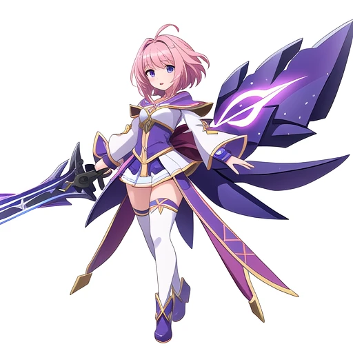 solo, female, ((( white background))), character focus, fantasy outfit, standing, character design, full body, holding weapon, magical girl costume,
