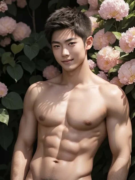 Naked man, many flowers on the body , shirtless , adorable smile , realistic handsome Japanese face , modest muscles , masterpiece、A high resolution、hyperrealism、detailed face、solo、a men、glowing skin、(Asian)、(young、teenager)、Handsome、detailed background、Ha...