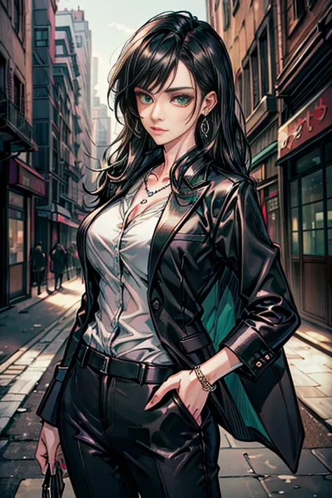 (masterpiece, best quality, highres, ultra-detailed), 1woman, long wave black hair, green eyes, handsome, detailed eyes and face, perfect body, earrings, ear piercing,  unbuttoned black blazer, white shirt, trousers, bare collarbones, chain necklace, city ...