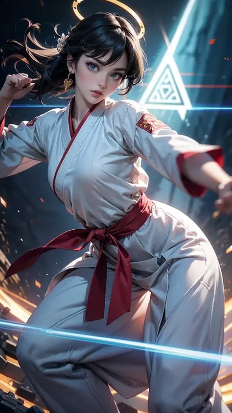 handsome chinese girl, clear eyes, clear facial features, wearing Hanfu, fighting stance, Martial arts moves, A body wrapped in purple mist, Runes around, holographic reality, holographic halo, motion blur, game light effects, edge light, soft light, movie...