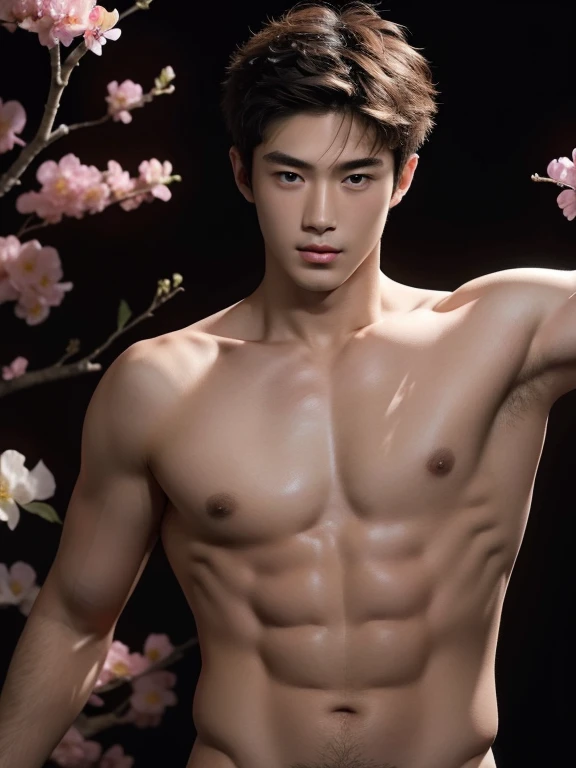 Naked man, many flower petals on the body , realistic handsome Japanese face , modest muscles , masterpiece、A high resolution、hyperrealism、detailed face、solo、a men、glowing skin、(Asian)、(young、teenager)、Handsome、detailed background、Handsome