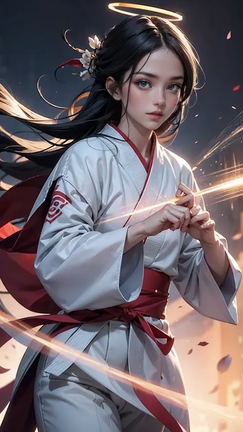 handsome chinese girl, clear eyes, clear facial features, wearing Hanfu, fighting stance, Martial arts moves, A body wrapped in purple mist, Runes around, holographic reality, holographic halo, motion blur, game light effects, edge light, soft light, movie...