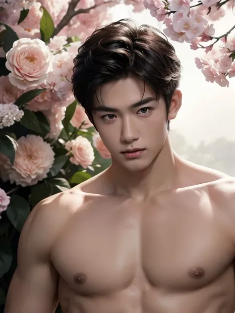 Naked man, many flower petals on the body , realistic handsome Japanese face , modest muscles , masterpiece、A high resolution、hyperrealism、detailed face、solo、a men、glowing skin、(Asian)、(young、teenager)、Handsome、detailed background、Handsome