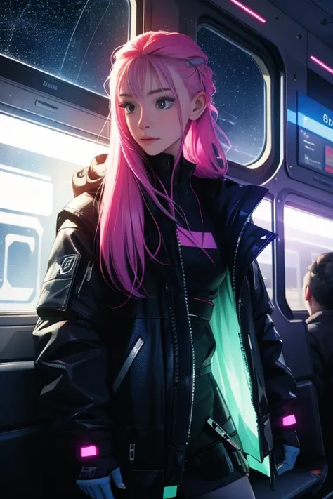 train du futur, Cyberpunk, debout  pose active, Look at the stars, Head glued to the glass, Landscape passing by at high speed, voyage de nuit, beautiful starry sky, Une belle fille avec, UHD Portrait, (High quality) (ultra details) Regarder le spectateur ...