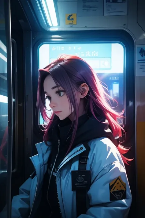 train du futur, Cyberpunk, debout  pose active, Look at the stars, Head glued to the glass, Landscape passing by at high speed, voyage de nuit, beautiful starry sky, Une belle fille avec, UHD Portrait, (High quality) (ultra details) Regarder le spectateur ...