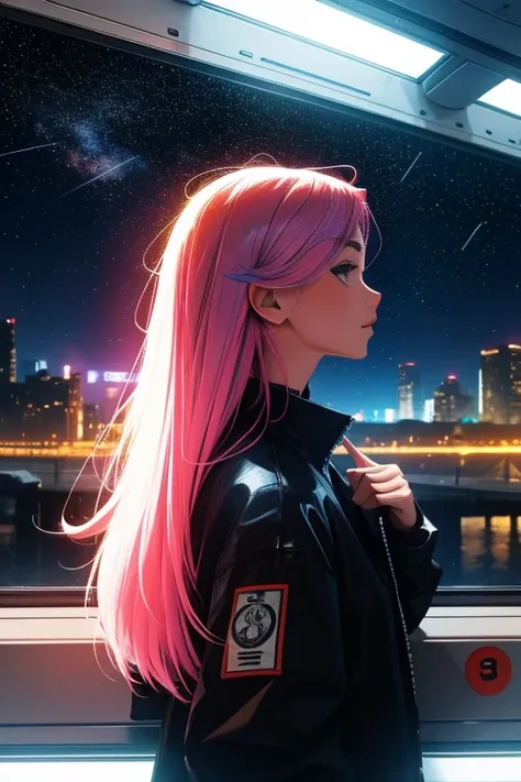 train du futur, Cyberpunk, debout  pose active, Look at the stars, Head glued to the glass, Landscape passing by at high speed, voyage de nuit, beautiful starry sky, Une belle fille avec, UHD Portrait, (High quality) (ultra details) Regarder le spectateur ...