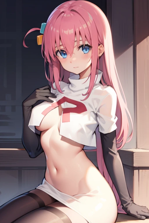 (((nude, naked))),hitorigotou, hitori gotou, blue eyes, cube hair ornament, hair between eyes, hair ornament, pink hair, one side up, long hair, BREAK team rocket,team rocket uniform,white skirt,red letter R,crop top,black thigh-highs,black elbow gloves, B...