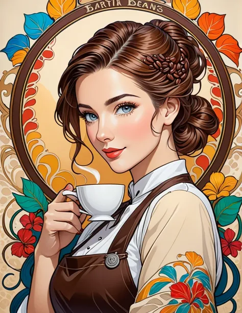 Art Nouveau portrait of an elegant beautiful female Barista with coffee beans, more colorful