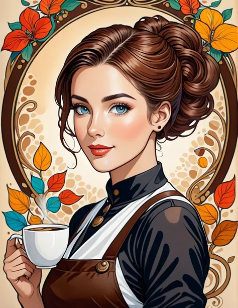 Art Nouveau portrait of an elegant beautiful female Barista with coffee beans, more colorful