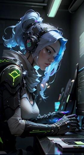 ((Melhor qualidade)), ((obra de arte)), (muito detalhado:1.3), 3D, lindo (Ciberpunk:1.3) Hacker feminina, Cabelo grosso, roupas reveladoras, operar terminais de computador, servidores de computador, Telas LCD, fiber optic cables, logotipos corporativos, HD...