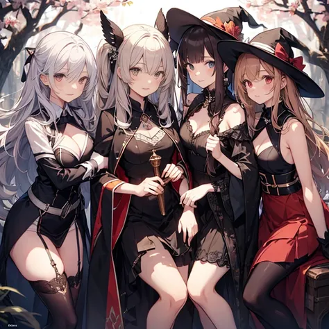 A group of  witches, (in forest), various hair styles, harem, wearing witch robe, night, details face, , short skirt, seducing, magic wand, showing armpits, sleeveless 