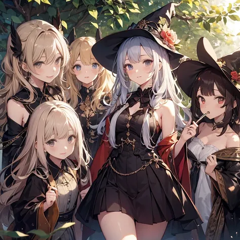 A group of  witches, (in forest), various hair styles, harem, wearing witch robe, night, details face, , short skirt, seducing, magic wand, showing armpits, sleeveless 