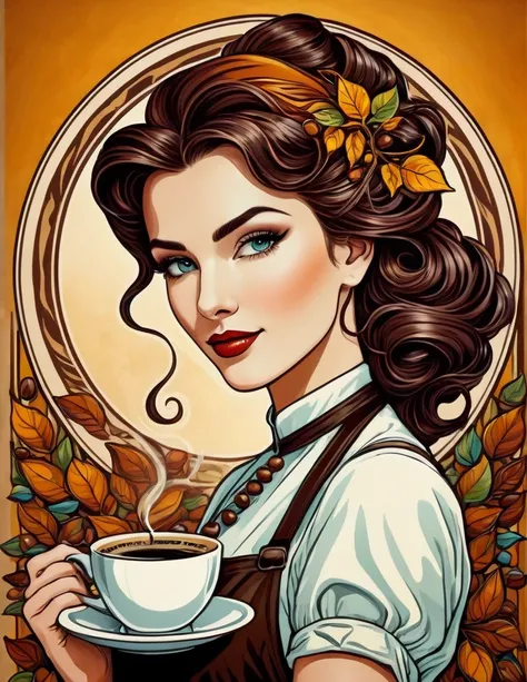 Art Nouveau portrait of an elegant beautiful female Barista with coffee beans, more colorful