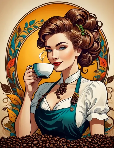 Art Nouveau portrait of an elegant beautiful female Barista with coffee beans, more colorful