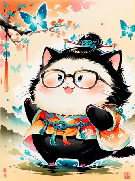 Close-up, Chinese traditional elements, Chinese Ancient Tang Dynasty,cute kitty is playing butterflies, wearing glasses, happy,exaggerated expression,colourful ink wash painting, delicate brushstrokes, rich details, high quality, movie-level lighting, cute...