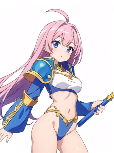 solo, female, crop top, ((( white background))), character focus, fantasy outfit, standing, character design, leotard, holding weapon, micro bikini, armor,
