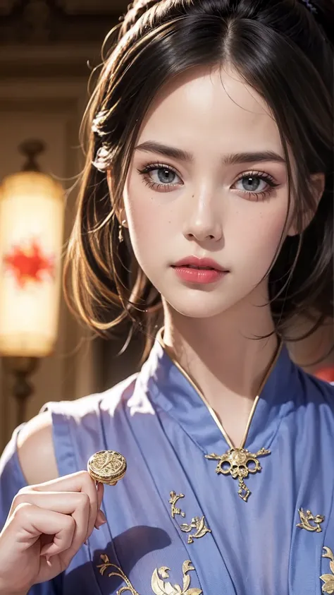 handsome chinese girl, clear eyes, clear facial features, wearing Hanfu, fighting stance, Martial arts moves, A body wrapped in purple mist, Runes around, holographic reality, holographic halo, motion blur, game light effects, edge light, soft light, movie...