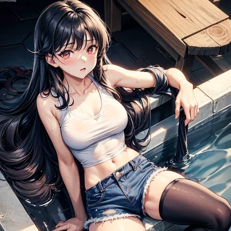 14_year_old_girl, tank_top, jean_shorts_with_black_tights, very_long_hair, wavy_hair,red eyes,fit clothes, spread leg,wet,