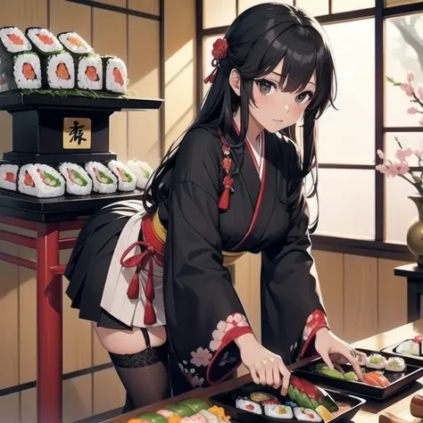 1girl, anime, black eyes, long black hair with square bangs, very long black hair, super long black hair, skirt and stockings, (stockings), heels, black Japanese style kimono mixed with ribbed black sweater with red accents and sakura floral design, ((ribb...